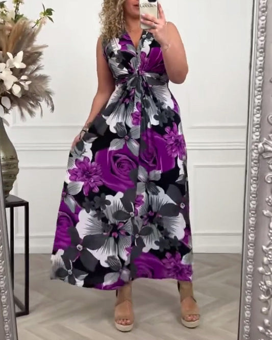 Sacha™ - Elegant sleeveless dress with pleated floral print